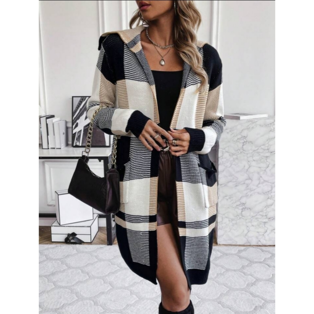 SHEIN Privé Women's Plaid Double Pockets Cardigan With Open Front